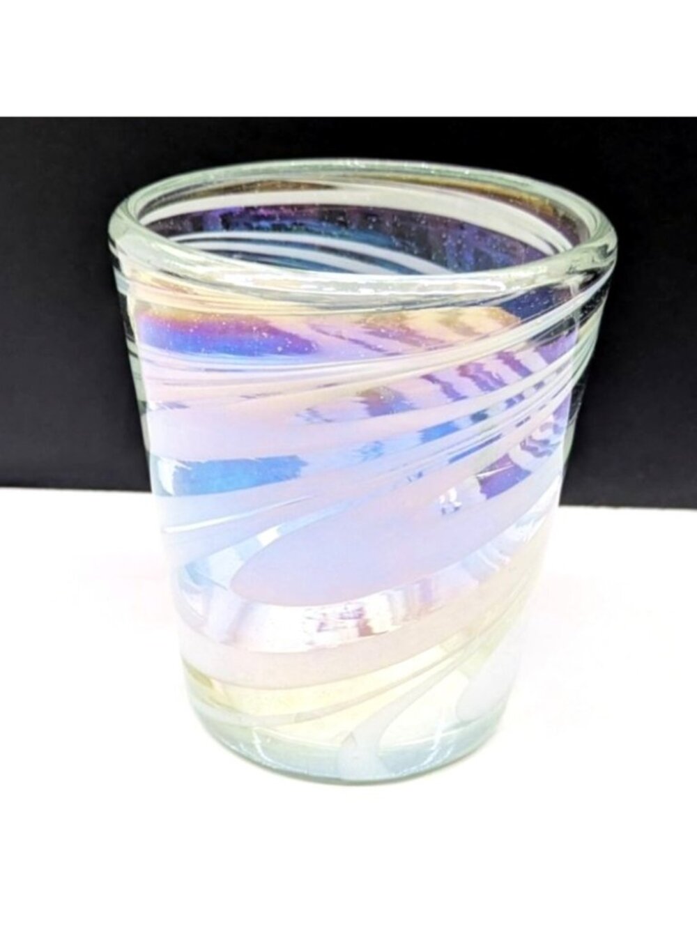Iridescent White Swirl Lowball Tumbler Glass 4" tall Elegant Barware Drinkware
